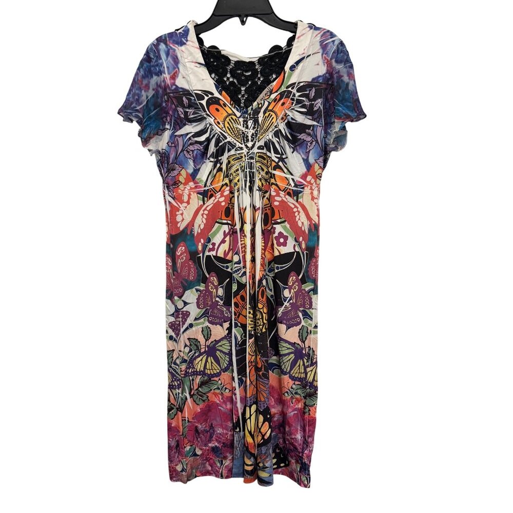One World Butterfly Print Dress With Lace Detail Size M Multicolor